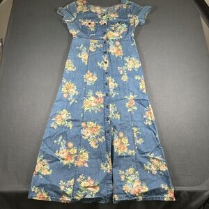 Vtg Villager Sport Dress Womens Medium Blue Floral Denim Button Front Maxi